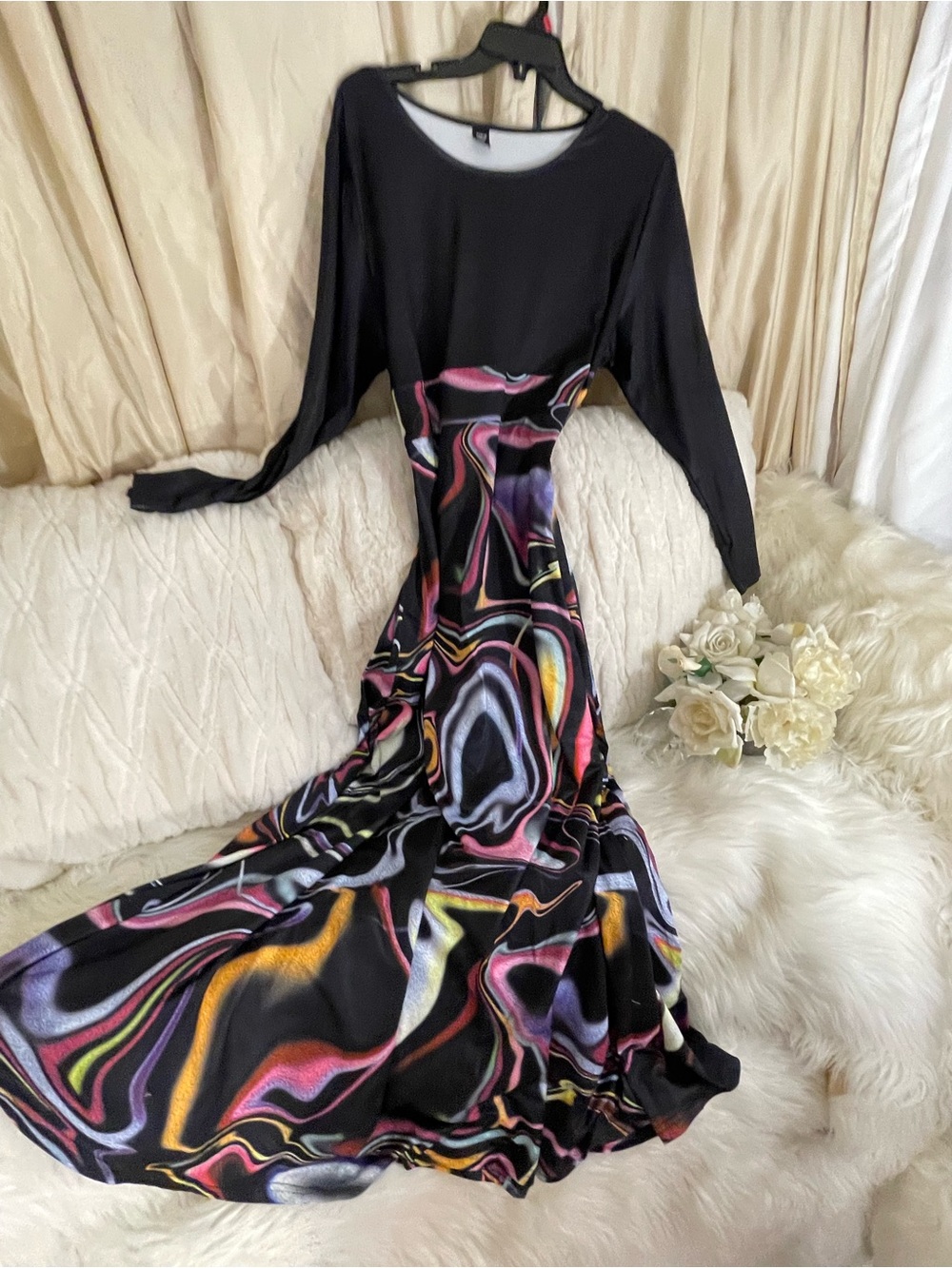 Black Long Sleeve Maxi Dress with Multicolor Abstract Design and Swirl Print  4x